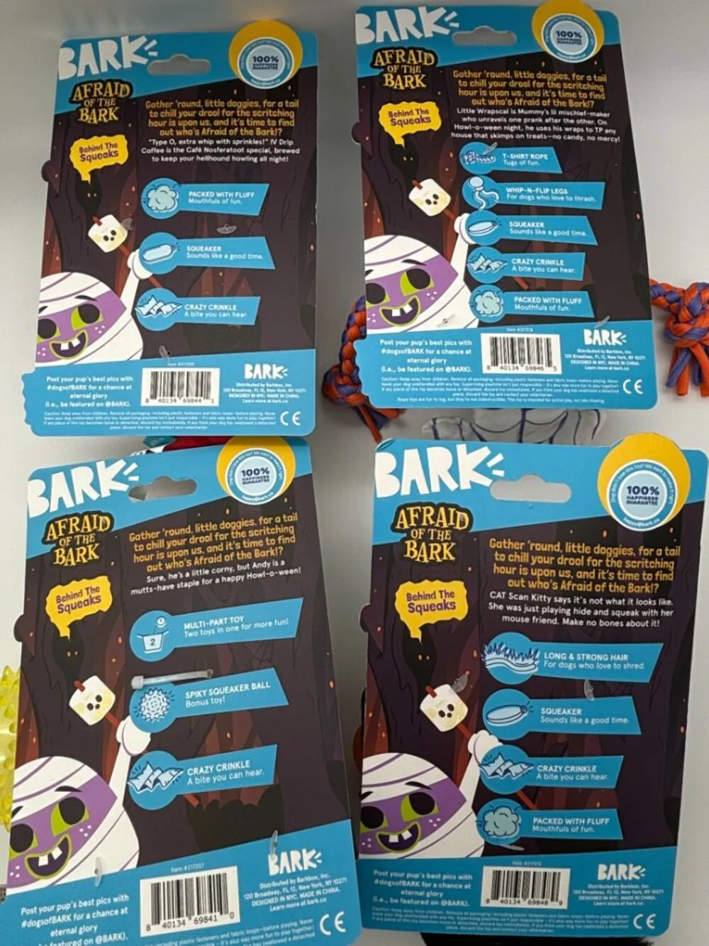 BARK Afraid of the Bark Halloween Stuffed Plush Dog Toys (x4), All Dog Sizes NEW